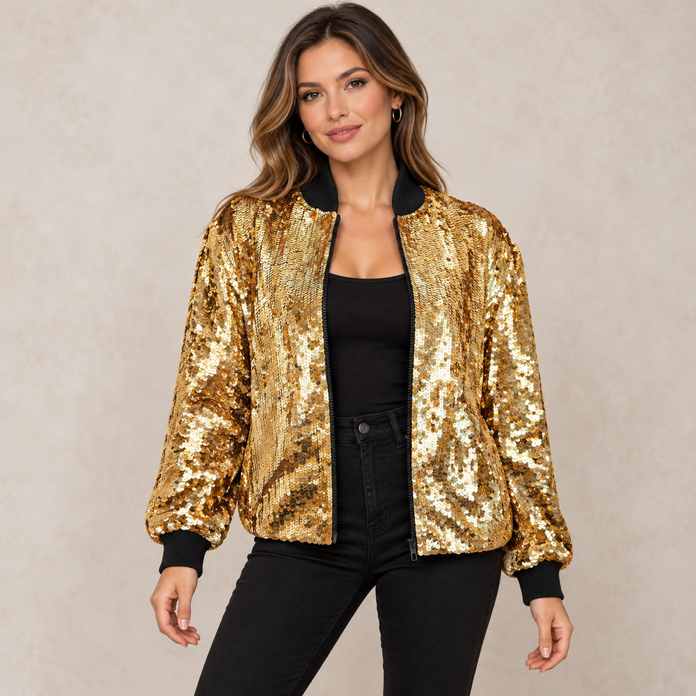 VTG Neiman Marcus Silk Gold Sequin Bomber Jacket S